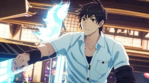 give him a cool aura and a pwerful mythical beast behind him,anime japanese clothing,yukio,anime cartoon,shouta,ren,anime 3d,kado,howl,edit icon,male character,main character,nikko,sakana,smouldering 