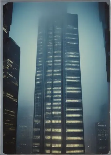 Modern futuristic skyscraper, sleek metal exterior, reflective glass windows, asymmetrical structure, cantilevered floors, neon-lit LED lights, nighttime cityscape, urban landscape, misty foggy atmosp