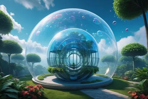 glass sphere,biosphere,ecotopia,ecosphere,futuristic landscape,primosphere,biospheres,technosphere,spheres,flower dome,terrarium,prism ball,crystalball,cosmosphere,exosphere,quarantine bubble,biomes,mirror house,biodome,glass ball,Art,Artistic Painting,Artistic Painting 06