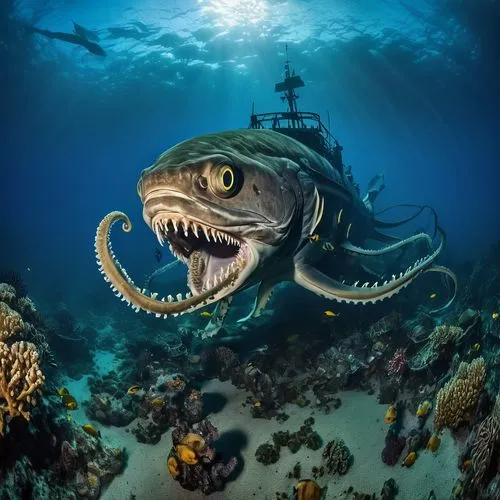 marine reptile,deep sea fish,sea monsters,marine animal,anglerfish,sea animal,kraken,cephalopod,sea devil,cephalopods,deep sea nautilus,coelacanth,calamari,giant squid,sea animals,giant fish,sea life underwater,marine biology,steckerlfisch,marine life,Illustration,Retro,Retro 21