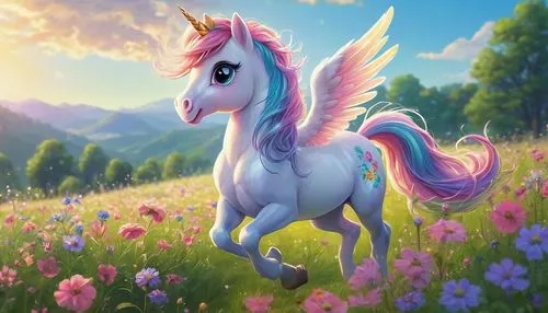 My Little Pony, cute, colorful, sparkly, magical, pastel-colored mane, flowing tail, bright expressive eyes, rosy cheeks, innocent smile, flower crown, delicate wings, shining horn, sparkling star sym