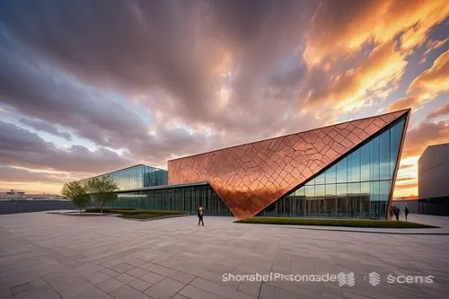 COPPER THEME, COPPER FACADE, 4K ULTRA REALISTIC,glass facade,corten steel,futuristic art museum,artscience museum,soumaya museum,glass facades,metal cladding,qlizabeth olympic park,performing arts cen