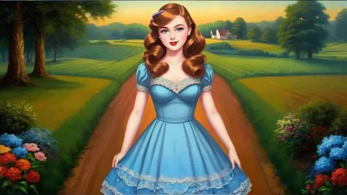 Romantic masterpiece oil painting, cute girl in short dress portrait, nostalgic 1950's style kitsch, southern plantation landscape, lush farmland scenery, by Thomas Kinkade, by Bob Ross,cendrillon,dor