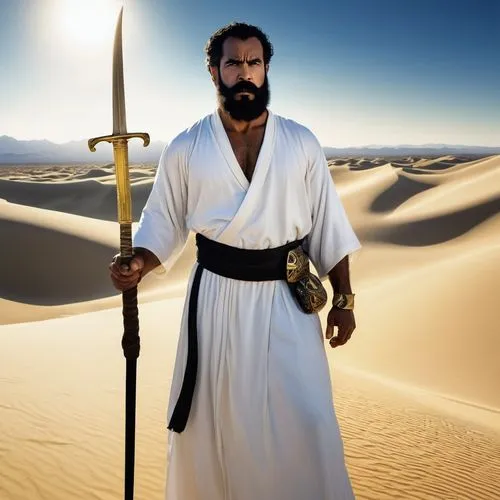 Desert tribesman, Middle Eastern, strong muscular build, dark skin tone, thick black beard, mustache, hairy chest, traditional white robe, gold accessories, holding a sword, confident stance, desert b