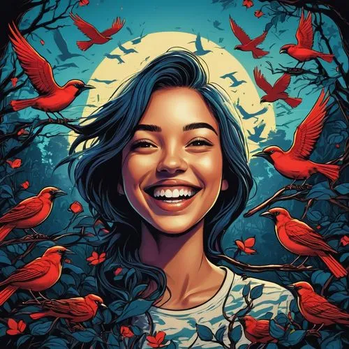 digital illustration,portrait background,vector illustration,digital art,digital painting,flower and bird illustration,flock of birds,mina bird,custom portrait,fantasy portrait,vector art,digital artwork,ecstatic,bird illustration,a girl's smile,vanessa (butterfly),butterflies,autumn icon,birds love,the birds,Illustration,Realistic Fantasy,Realistic Fantasy 25