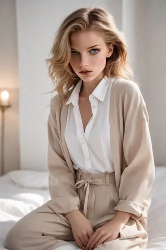 pajamas,pantsuit,bathrobe,menswear for women,in a shirt,bolero jacket,elegant,pjs,linen,white shirt,lily-rose melody depp,romantic look,liberty cotton,tilda,french silk,girl in bed,pale,female model,bed,dress shirt,Photography,Natural