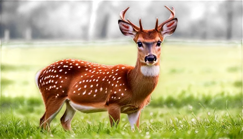 Deer, white spots, brown fur, big eyes, open mouth, sharp teeth, alert ears, slender legs, green grass, morning dew, soft sunlight, 3/4 composition, shallow depth of field, warm color tone, cinematic 