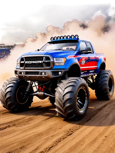 Monster truck, giant wheels, rugged tires, metallic body, vibrant colors, aggressive stance, headlights glowing, fog lights, racing stripes, chunky suspension, massive engine, exhaust pipes, roaring s