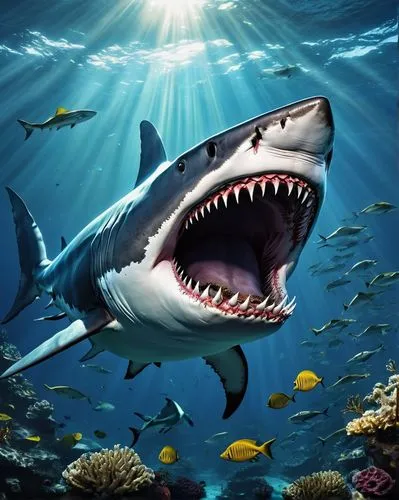 great white shark,sand tiger shark,requiem shark,jaws,marine reptile,tiger shark,shark,sea animals,bull shark,aquatic animals,sharks,underwater background,sea animal,marine animal,cetacea,aquarium decor,bronze hammerhead shark,hammerhead,underwater world,aquarium inhabitants,Illustration,Abstract Fantasy,Abstract Fantasy 10