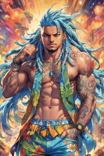 sea god,wind warrior,sun god,poseidon,cg artwork,ori-pei,wiz,neptune,aquaman,fire background,goku,son goku,dragon li,sea man,sol,merman,zeus,god of the sea,agua de valencia,kyi-leo,Digital Art,Anime