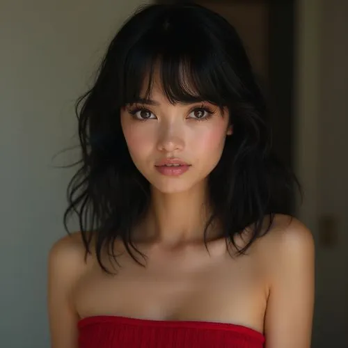 A 24 year old woman with big eyes and shoulder length black hair. She is wearing a red tube top. ,a girl with an bangs, shoulder length, and small ,fukushi,mizuhara,mari makinami,gakki,akimoto,ayako