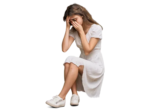 woman, sorrowful expression, tears in eyes, messy hair, pale skin, simple white dress, worn-out shoes, slumped posture, hands covering face, mourning, candlelight, dimly lit, 3/4 composition, shallow 