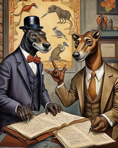 anthropomorphized animals,businessmen,suit of spades,business men,fox hunting,whimsical animals,business icons,fox and hare,consultants,gentleman icons,animal company,gentlemanly,fraternity,preachers,fox stacked animals,telegram,exchange of ideas,business meeting,mafia,advisors,Illustration,Realistic Fantasy,Realistic Fantasy 21