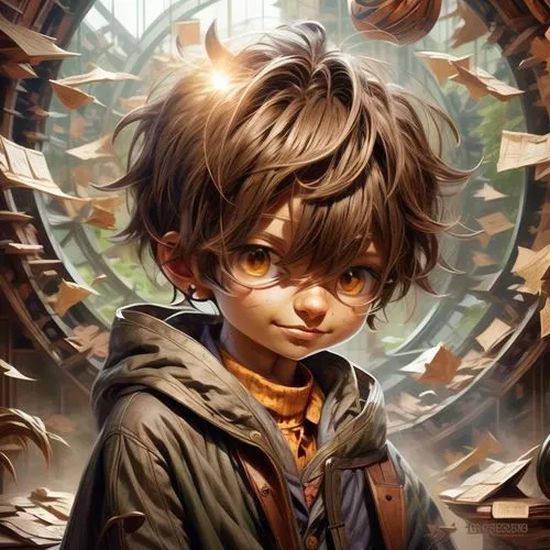 fantasy portrait,potter,clockmaker,child portrait,eleven,potter's wheel,fantasy art,killua,hobbit,cg artwork,child with a book,round autumn frame,children's background,hedgehog child,bran,harry potter,portrait background,world digital painting,watchmaker,tyrion lannister