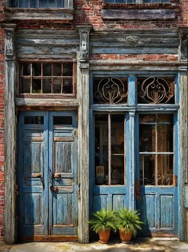 old door,blue doors,wooden facade,wooden windows,old windows,blue door,wooden door,front door,old town house,window with shutters,old brick building,doorways,rusty door,row of windows,doors,wooden shutters,old colonial house,storefront,shutters,old houses,Illustration,Realistic Fantasy,Realistic Fantasy 07