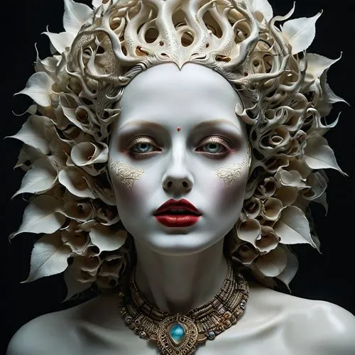 medusa,amidala,headdress,headpiece,white lady,jingna,adornment,viveros,sculptress,headress,vinoodh,sculpt,priestess,voodoo woman,gorgon,venetian mask,sculptured,medusa gorgon,the enchantress,porcelain dolls,Photography,General,Natural