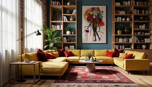 contemporary decor,sitting room,livingroom,modern decor,living room,interior decor,mid century modern,bookcases,apartment lounge,bohemian art,bookshelves,home interior,interior design,interior decoration,mahdavi,loft,interior modern design,bellocchio,boho art style,modern room