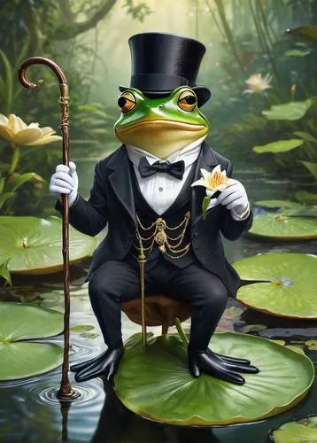 Anthropomorphic green frog, sitting on a lily pad, wearing a top hat, holding a cane, white gloves, waistcoat, formal pants, shiny black shoes, detailed eyes, eyelids, nostrils, smiling, relaxed postu