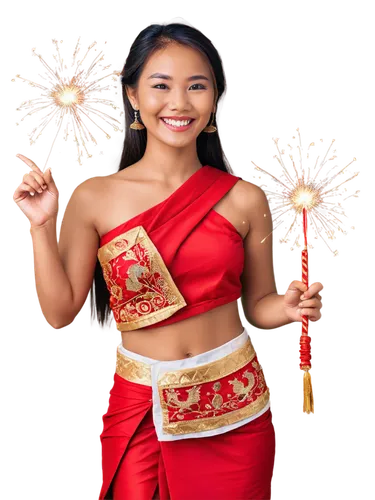 Happy Lao New Year, Southeast Asian woman, traditional costume, golden embroidery, red blouse, sarong, silver jewelry, festive makeup, bright smile, sparklers, fireworks, lanterns, dragon dance, color