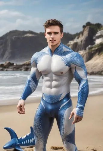 A mistake at the beach.

The man became a blue and white vinyl toy in the shape of an  muscle antro shark. The character has an athletic body with blue fins,and a tail. The body of character is made o