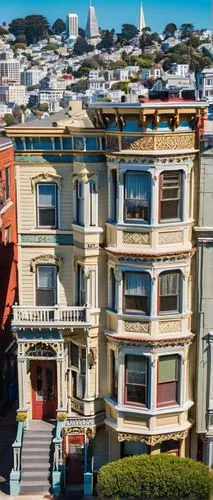 San Francisco, architectural landmarks, iconic buildings, ornate details, Victorian homes, Painted Ladies, Alamo Square, steep hills, colorful houses, vibrant neighborhoods, sunny day, clear blue sky,