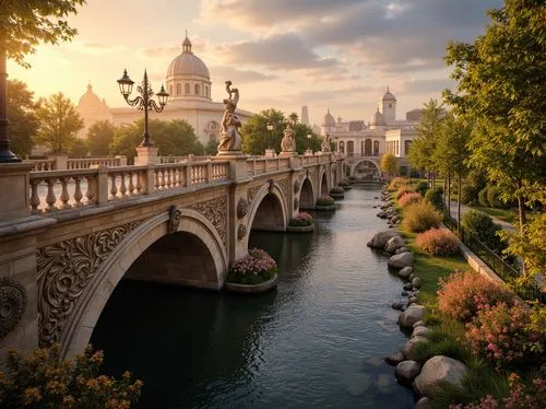 Ornate bridge balustrades, grandiose arches, intricate stone carvings, ornamental lamp posts, majestic river views, dramatic sunset lighting, warm golden stone textures, elegant curved lines, lavish d