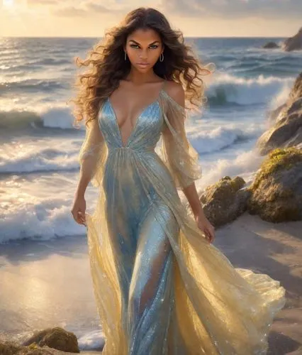 A young girl with long, curly brown hair and a flowing gown in shades of blue and yellow wears a sparkling gown that shimmers in the sunlight. The girl's eyes are closed, and she gazes up at a beautif