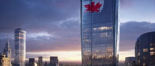 Modern creation, design Wales, architectural services, futuristic skyscraper, sleek metallic structure, glass facade, rooftop garden, vibrant cityscape, busy streets, Welsh flag, national emblem, 3/4 