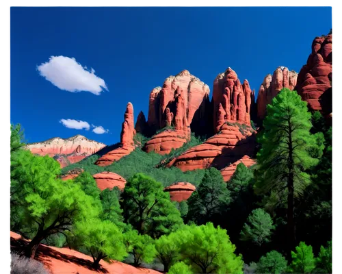 Sedona Arizona landscape, vibrant red rock formations, majestic Cathedral Rock, scenic Oak Creek Canyon, green cypress trees, blue sky with few white clouds, warm sunlight, soft shadows, panoramic vie