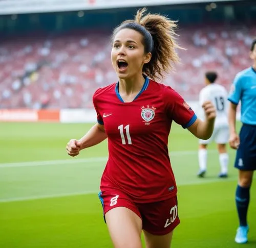 Same person wearing soccer cleats, soccer socks, soccer pants, bra. She scored a goal on a soccer pitch and celebrating by holding her soccer jersey in her hand. she is running up the pitch near the c