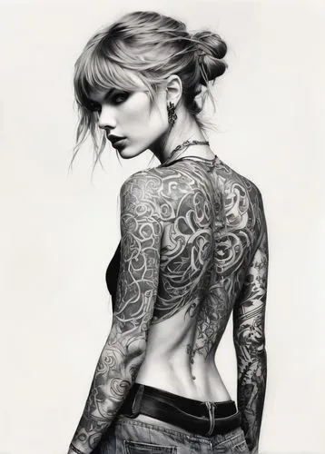 tattoo girl,tattooed,tattoos,with tattoo,ink,tattoo artist,sleeve,pencil drawings,tattoo,tattoo expo,art model,greta oto,ribs back,body art,lotus tattoo,vada,charcoal drawing,femme fatale,female model,charcoal,Illustration,Paper based,Paper Based 20