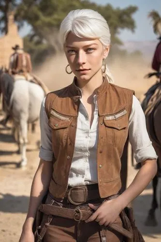 Appearance: Similar to Valentina, with a strong and confident demeanor, she wears jeans, belt, brown vest . White hair, elegant ranch woman. angry expression. Villainous woman vibes She is beautiful b