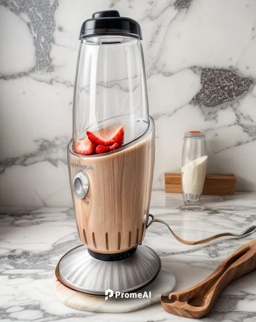 Small wooden blender at the bottom and a glass container with strawberries inside. Modern kitchen environment. arranged on a marble countertop.,coffee tumbler,cocktail shaker,vacuum coffee maker,choco