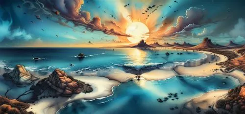 fantasy landscape,fantasy picture,fantasy art,cartoon video game background,sea landscape,volcanic landscape,Illustration,Realistic Fantasy,Realistic Fantasy 25