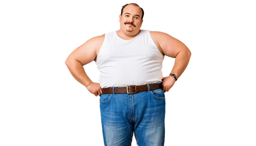 Fat, balding man, 40s, round face, double chin, thick eyebrows, mustache, receding hairline, sweaty skin, white tank top, blue jeans, brown belt, black sneakers, standing, hands in pockets, relaxed po