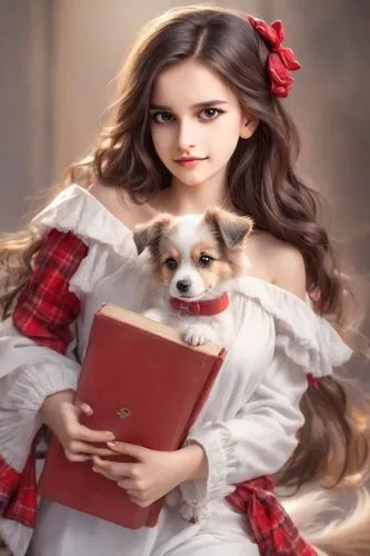 girl with dog,female doll,long hair chihuahua,barkdoll,christmas dolls,painter doll,Photography,Realistic