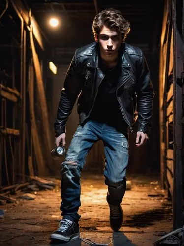 Sneaky thief, male, young adult, messy brown hair, black leather jacket, ripped jeans, scuffed sneakers, holding a flashlight, sneaking through, abandoned warehouse, dimly lit, old crates, rusty pipes