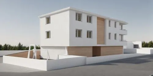 White plaster facade and Spruce wood vertical facade
Forrest in the background
Street in the foreground Tree on the left side next to the playground
High resolution tree in the surrounding 
,a buildin