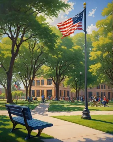 Modern university building, Texas architecture style, degree symbol, graduation hat, certificate, desk lamp, open book, laptop, coffee cup, Texas flag, American flag, green grass, sunny day, blue sky,