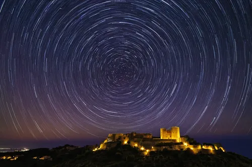 Star Trail Over Castello Gresti Sicily Italy,star trails,star trail,perseid,starscape,astronomy,perseids,starry sky,corsica,trajectory of the star,moravian star,time spiral,calabria,north star,spiral 