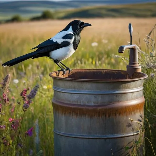 airbrush glossy image of a magpie bird perched on the edge of a rusty bucket and looking toward the tap with an open beak. The bucket is placed on the ground among tall grasses and wildflowers. In the