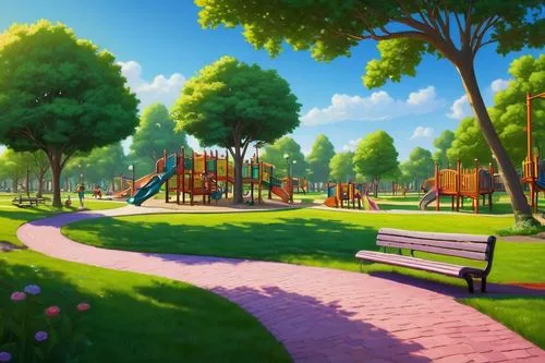 cartoon video game background,walk in a park,park,city park,urban park,the park,children's playground,cartoon forest,children's background,toontown,toddler in the park,park bench,in the park,playground,playgrounds,parks,autumn park,play area,landscape background,benches,Illustration,Realistic Fantasy,Realistic Fantasy 26