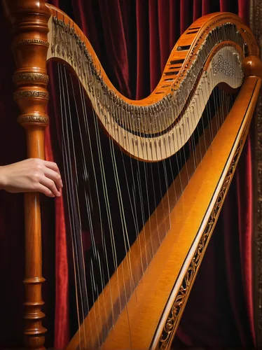 musical instrument, harp, elegant design, carved wood, golden strings, close-up, musician's hands, plucking strings, flowing dress, classical music, concert hall, stage, spotlight, soft lighting, intr