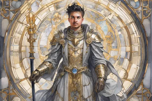 paladin,zodiac sign libra,fantasy portrait,heroic fantasy,clockmaker,libra,archimandrite,yi sun sin,emperor,high priest,pall-bearer,sci fiction illustration,templar,metatron's cube,priest,fantasy warrior,alaunt,the wanderer,fantasy art,imperial coat,Digital Art,Watercolor