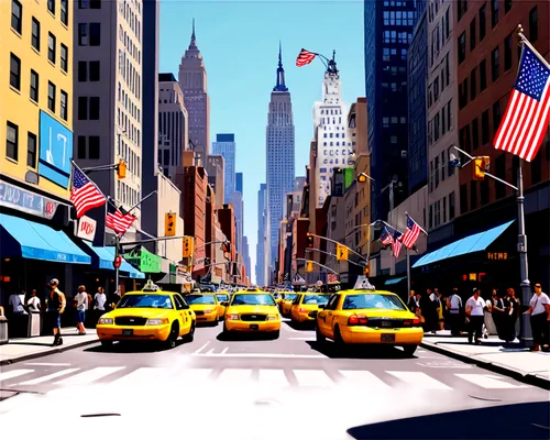 cartoon video game background,manhattan,newyork,world digital painting,new york,city scape,new york streets,new york taxi,wall street,cityscapes,big apple,mousseau,yellow taxi,david bates,burchfield,photo painting,5th avenue,wallstreet,taxicabs,cosmopolis,Illustration,American Style,American Style 13