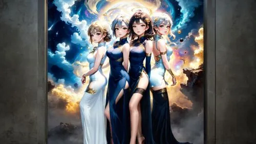 create a photo realistic  image of three beautiful  black, silver, gold haired voluptuous Asian women that have huge massive bulging and busty breasts. all three women have beautiful detailed angel-li