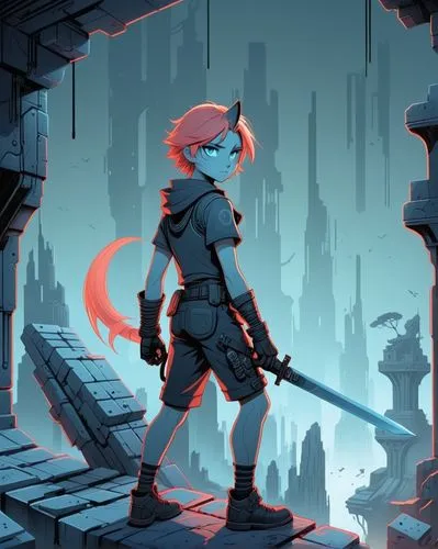 protagonist,strider,lavagirl,dusk background,transistor,game art,Art,Artistic Painting,Artistic Painting 48