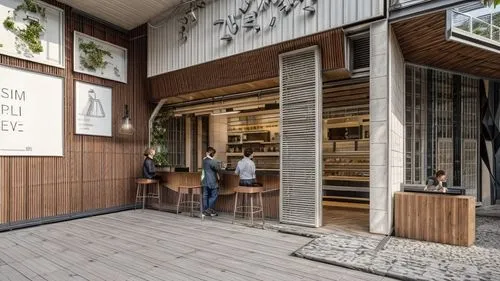 Interior design for a coffee shop, creating artificial lighting, adding people to the cats, making the image very realistic,salt bar,izakaya,japanese restaurant,dog cafe,archidaily,wooden facade,store