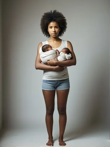 A young mother, her arms full of newborn babies.,a woman holding her baby in her arms,afro american girls,childbirths,childlessness,transgenerational,caesareans,afroamerican,Photography,Documentary Ph