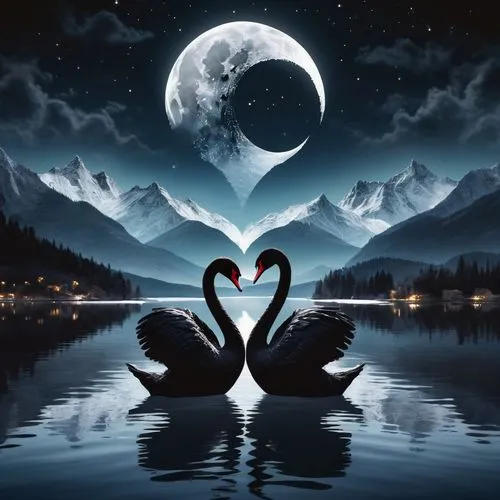 black swan couple forming a heart with their necks on a peaceful lake near the mountains on a night with a full moon reflected in the water, sharp quality, 8k, realistic,swan pair,trumpeter swans,swan